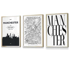 Framed Set of 3 Manchester City Skyline Prints | Artze Wall Art UK