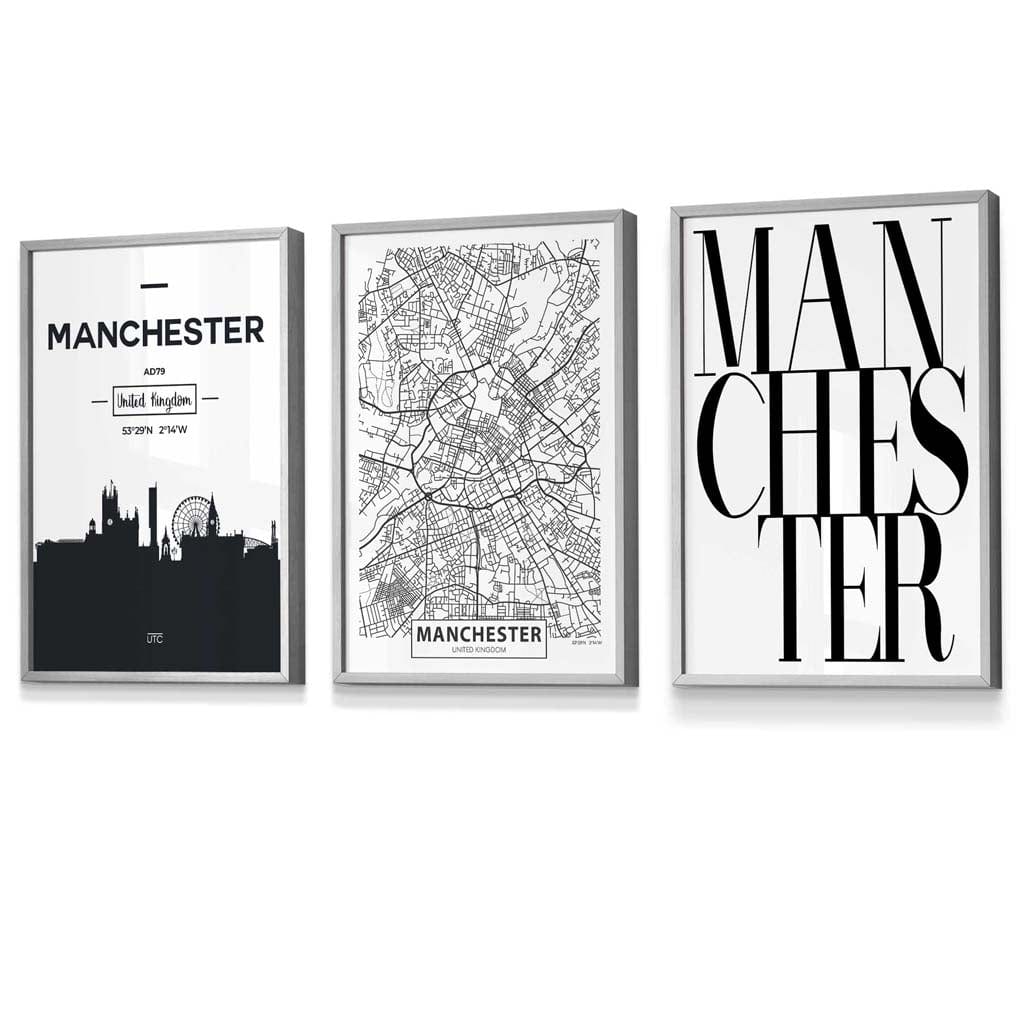 Framed Set of 3 Manchester City Skyline Prints | Artze Wall Art UK