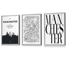 Framed Set of 3 Manchester City Skyline Prints | Artze Wall Art UK