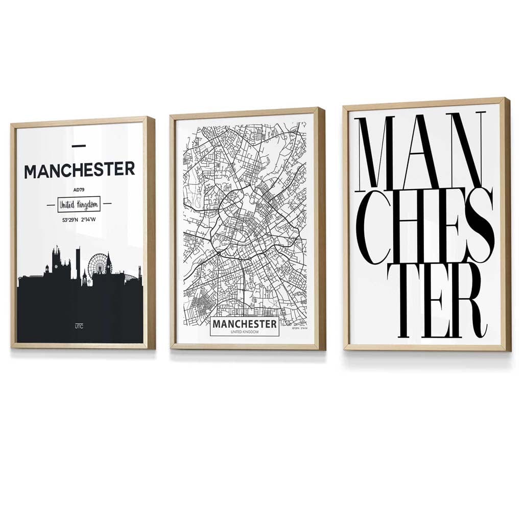 Framed Set of 3 Manchester City Skyline Prints | Artze Wall Art UK