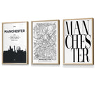 Framed Set of 3 Manchester City Skyline Prints | Artze Wall Art UK