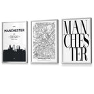 Framed Set of 3 Manchester City Skyline Prints | Artze Wall Art UK