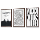 Framed Set of 3 Manchester City Skyline Prints | Artze Wall Art UK