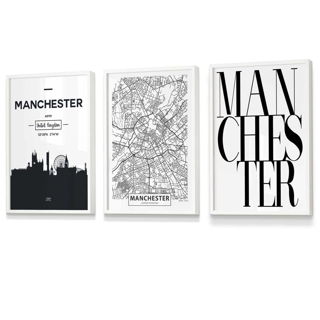 Framed Set of 3 Manchester City Skyline Prints | Artze Wall Art UK
