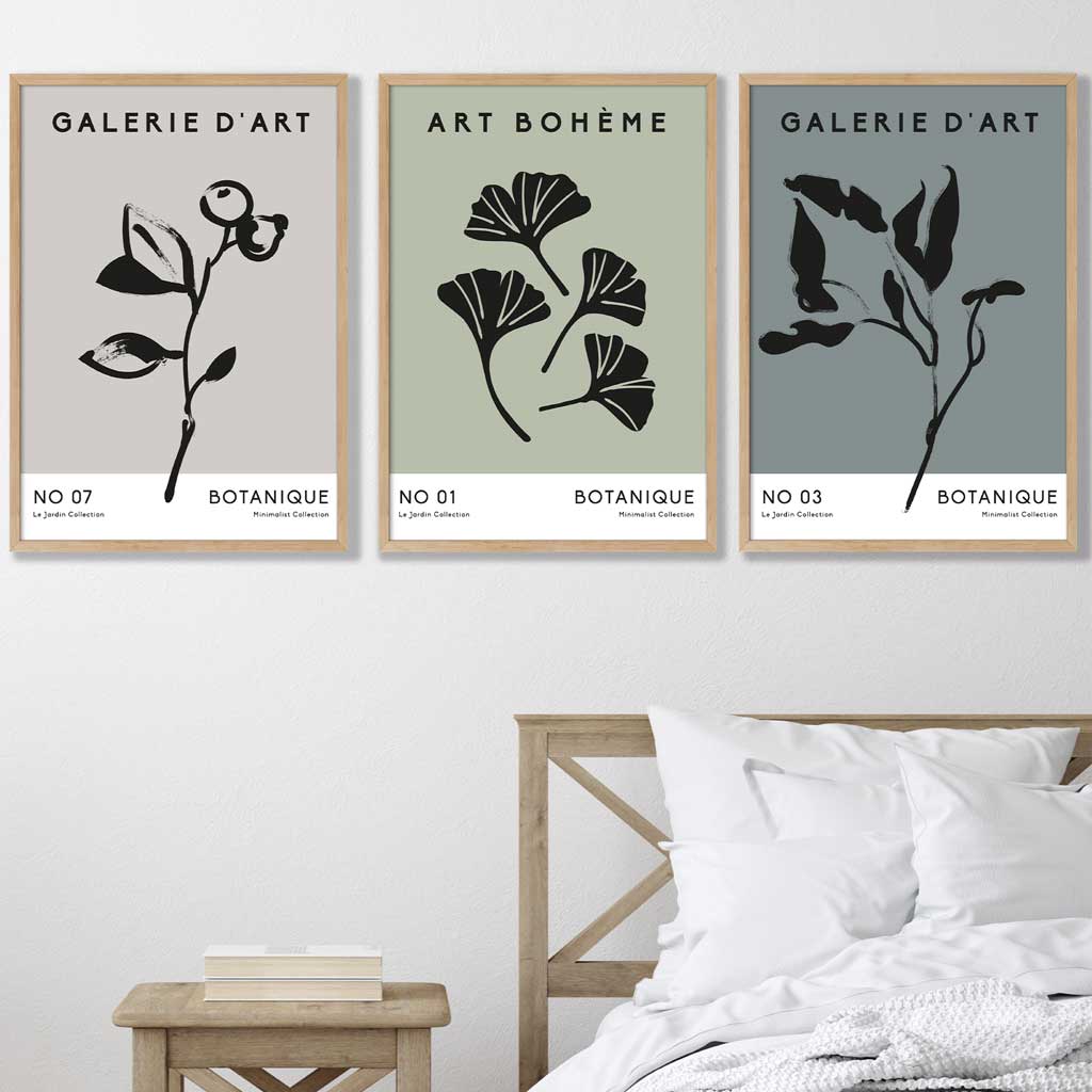 Boho Botanical Art, Set of  3, Teal Green Minimalist Art Prints