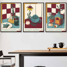 Set of 3 Vintage Kitchen Damson Red, Blue and Yellow Wall Art Prints