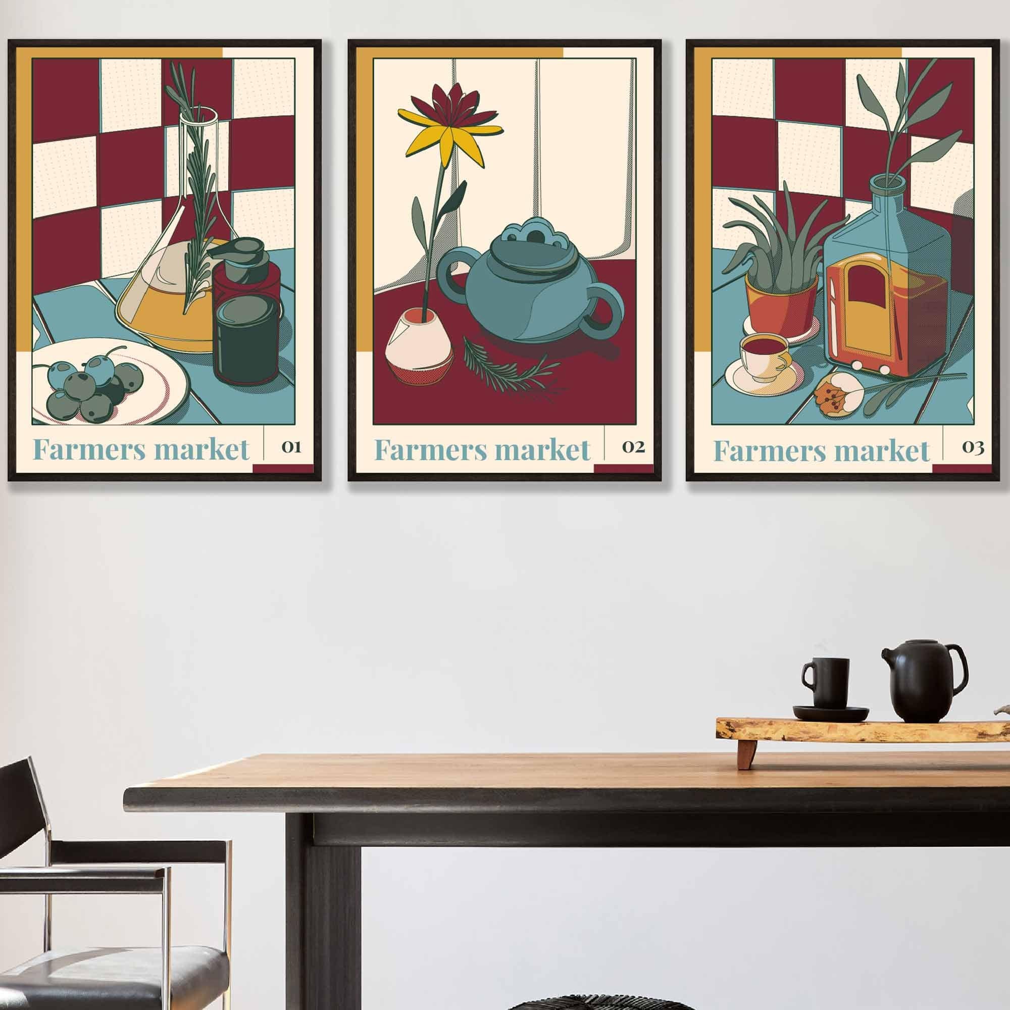 Set of 3 Vintage Kitchen Damson Red, Blue and Yellow Wall Art Prints