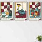 Set of 3 Vintage Kitchen Damson Red, Blue and Yellow Wall Art Prints