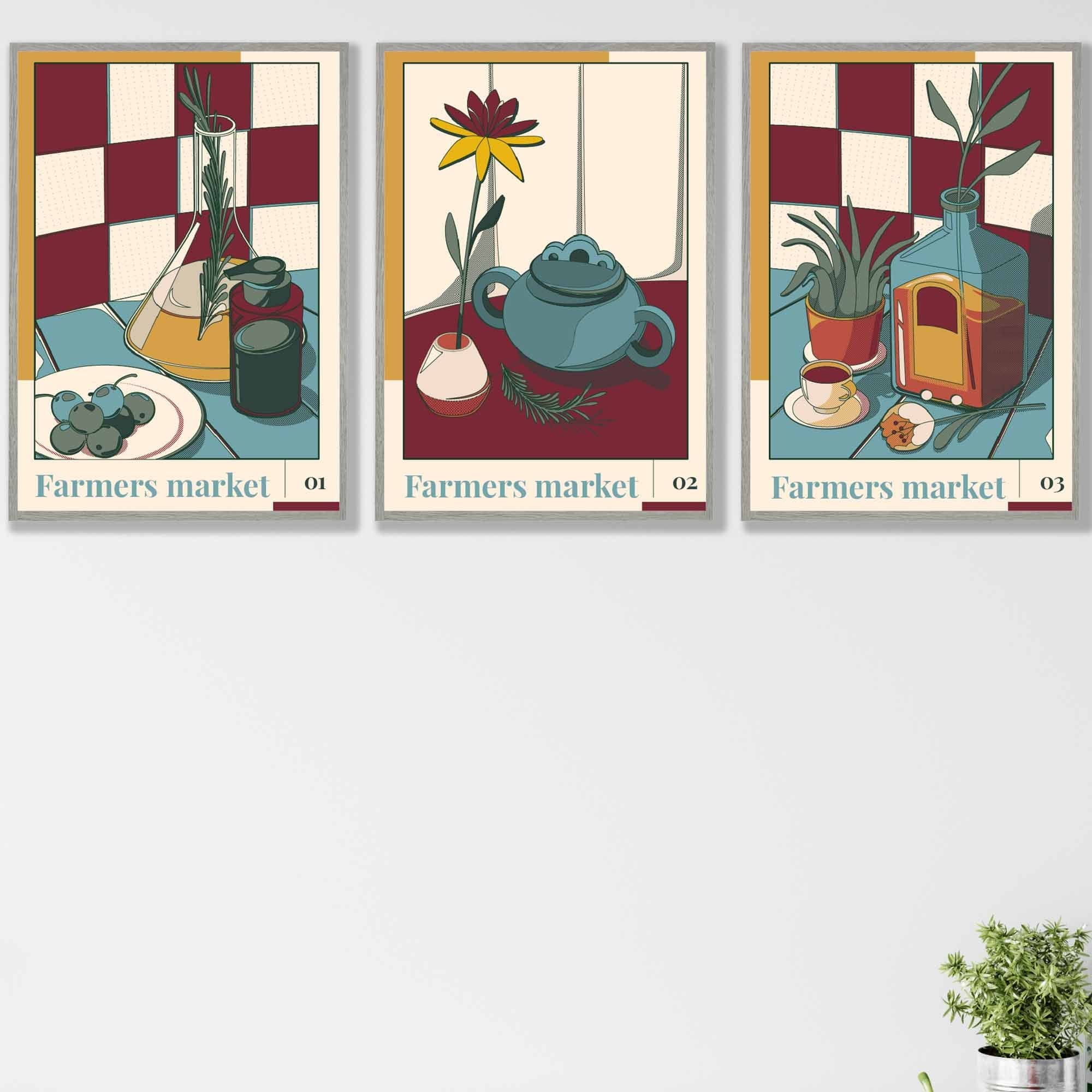 Set of 3 Vintage Kitchen Damson Red, Blue and Yellow Wall Art Prints