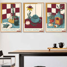 Set of 3 Vintage Kitchen Damson Red, Blue and Yellow Wall Art Prints