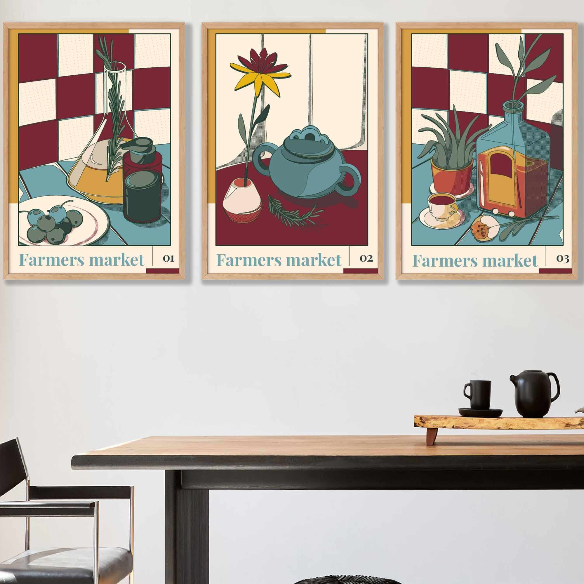 Set of 3 Vintage Kitchen Damson Red, Blue and Yellow Wall Art Prints