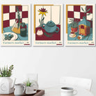 Set of 3 Vintage Kitchen Damson Red, Blue and Yellow Wall Art Prints