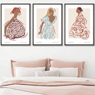Fashion Figures Sketched Wall Art Prints in Damson Red, Blue and Yellow