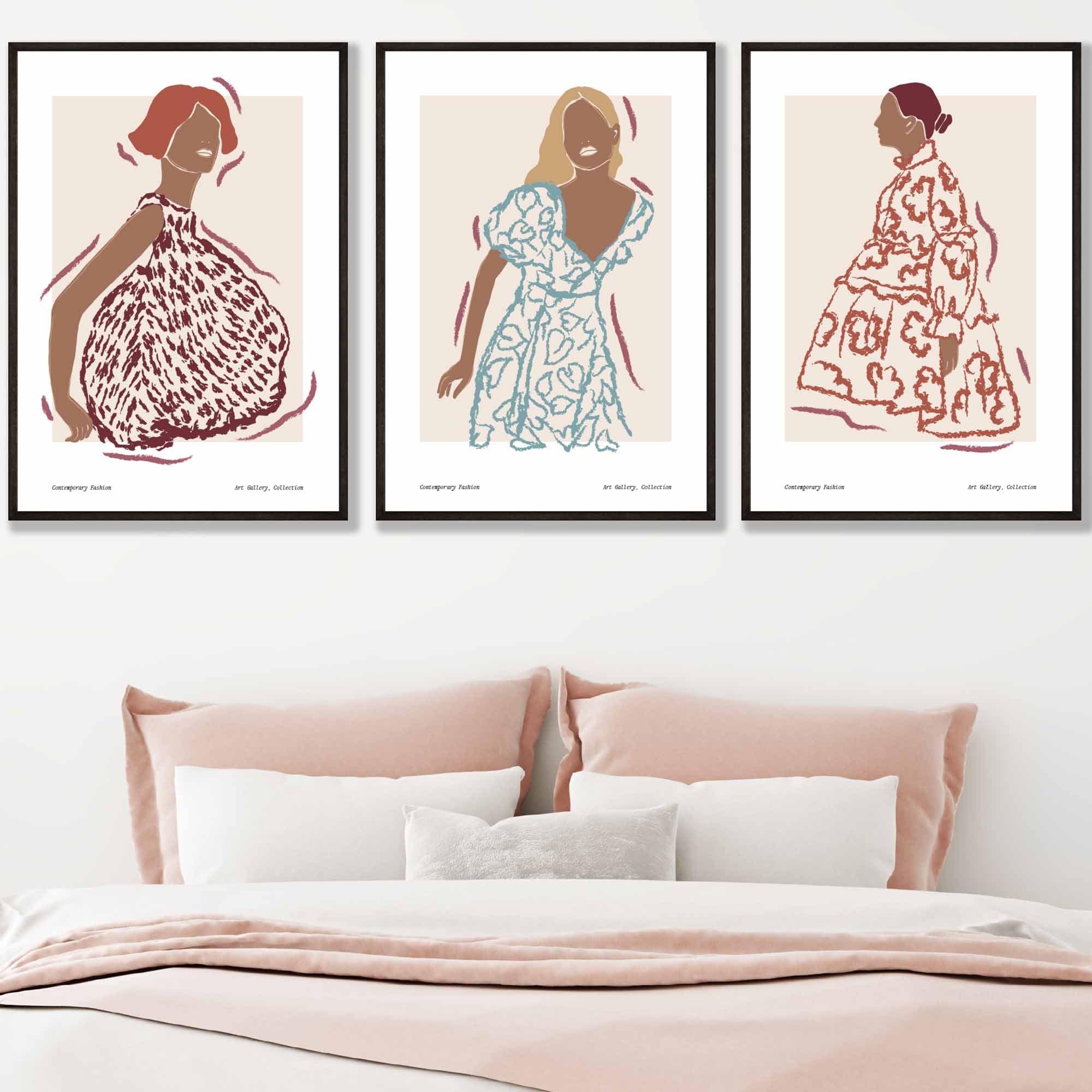 Fashion Figures Sketched Wall Art Prints in Damson Red, Blue and Yellow
