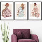 Fashion Figures Sketched Wall Art Prints in Damson Red, Blue and Yellow