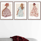 Fashion Figures Sketched Wall Art Prints in Damson Red, Blue and Yellow