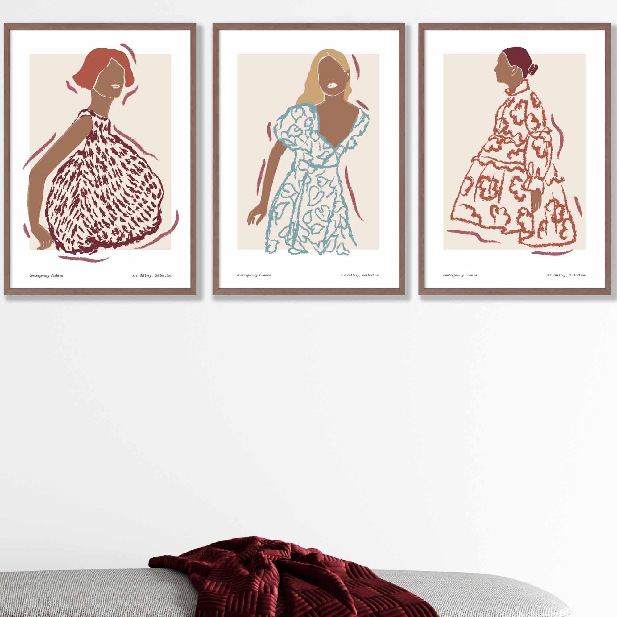 Fashion Figures Sketched Wall Art Prints in Damson Red, Blue and Yellow