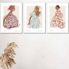Fashion Figures Sketched Wall Art Prints in Damson Red, Blue and Yellow