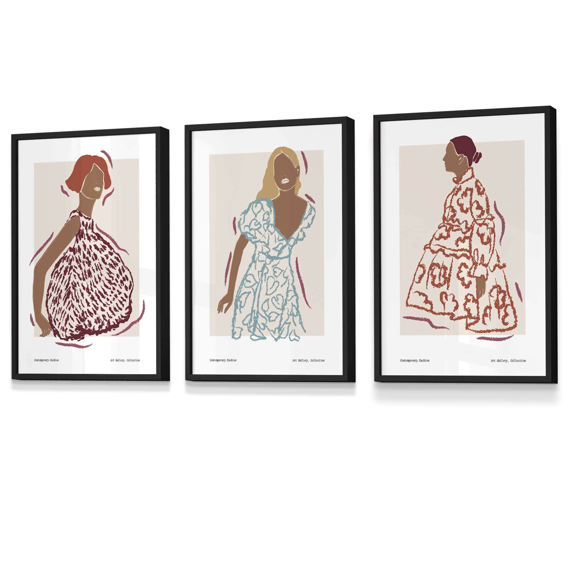 Set of 3 Fashion Figures Framed Wall Art Prints in Autumn Colours | Artze Wall Art UK