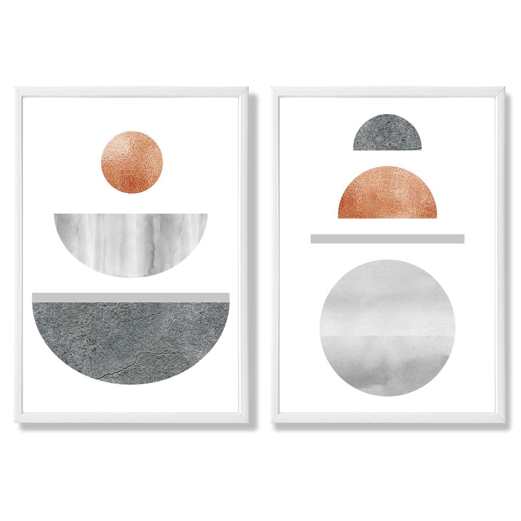 Mid Century Modern Copper and Grey Set of 2 Art Prints with White Frame