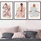 Sketch Fashion Models Wall Art Prints in Damson Red, Blue and Yellow