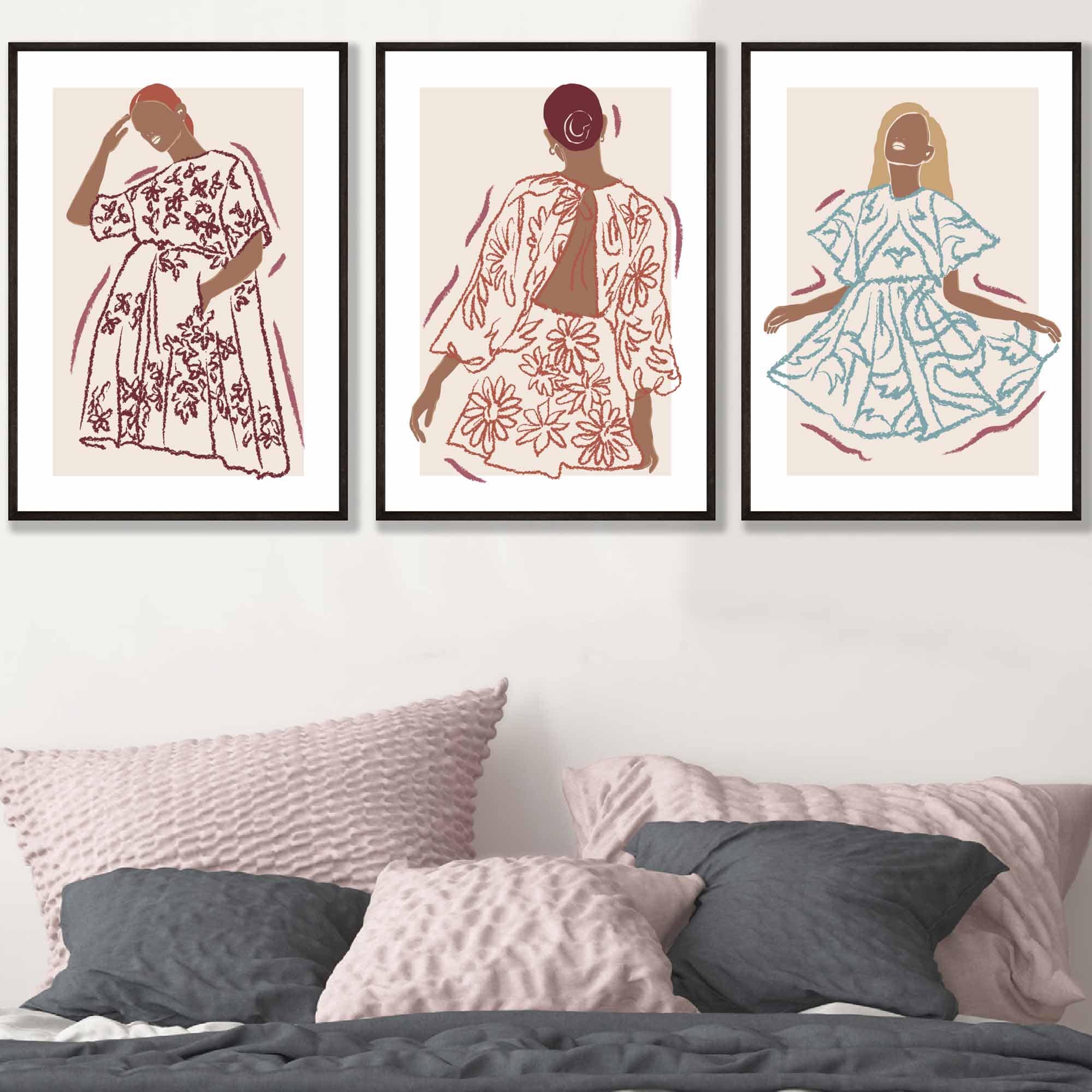Sketch Fashion Models Wall Art Prints in Damson Red, Blue and Yellow