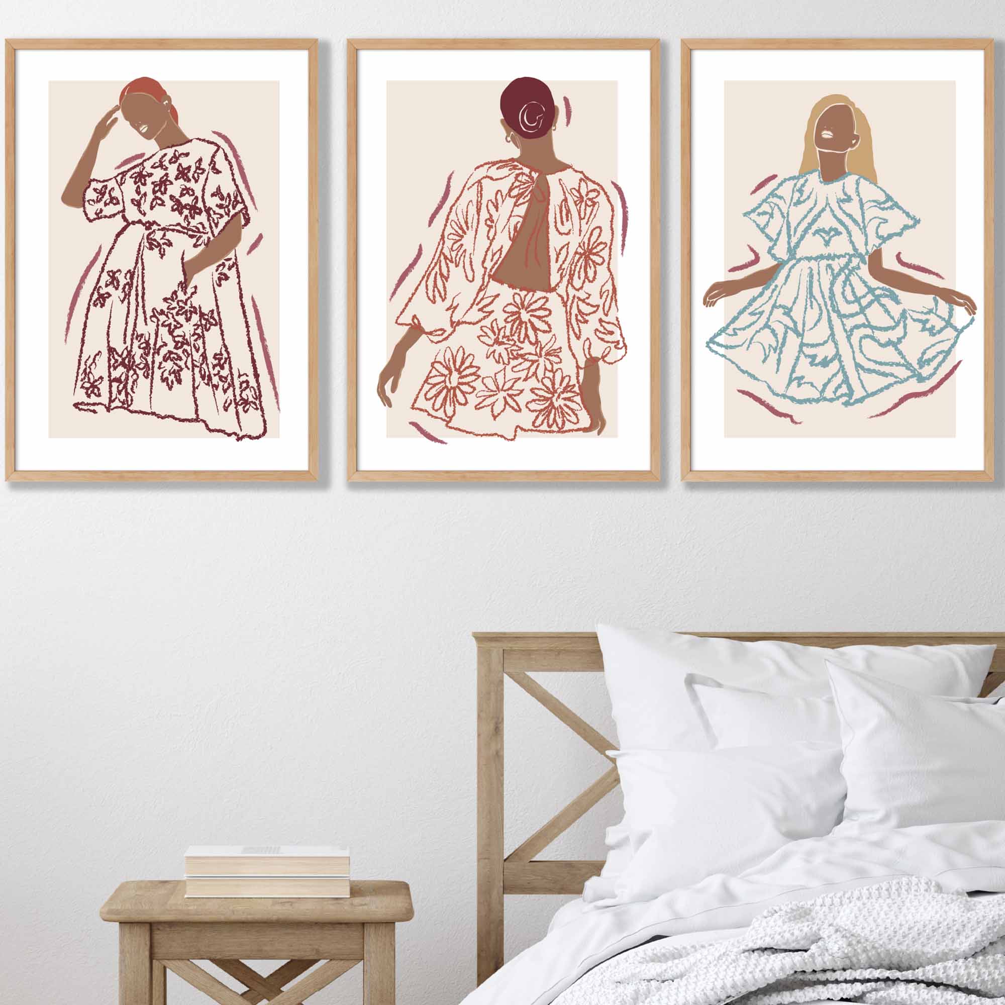 Sketch Fashion Models Wall Art Prints in Damson Red, Blue and Yellow