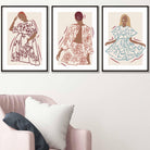 Sketch Fashion Models Wall Art Prints in Damson Red, Blue and Yellow