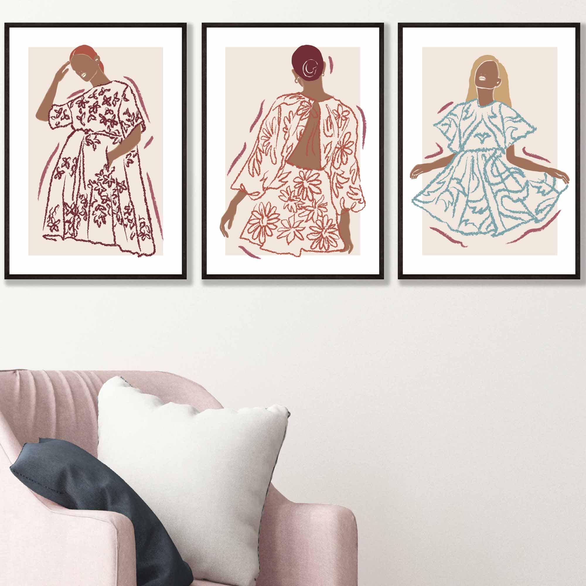 Sketch Fashion Models Wall Art Prints in Damson Red, Blue and Yellow