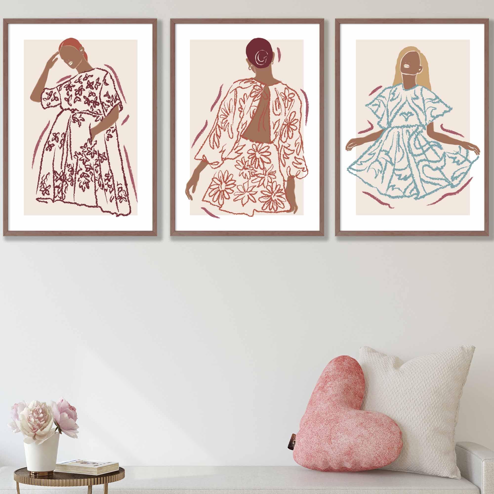 Sketch Fashion Models Wall Art Prints in Damson Red, Blue and Yellow