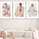 Sketch Fashion Models Wall Art Prints in Damson Red, Blue and Yellow