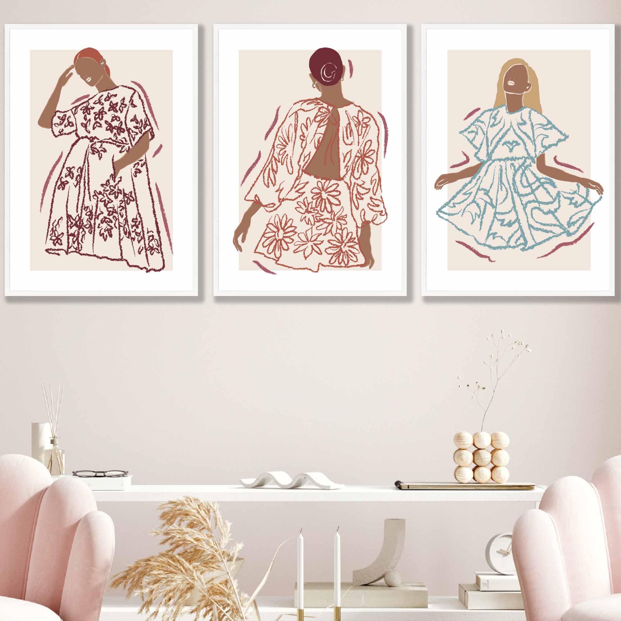 Sketch Fashion Models Wall Art Prints in Damson Red, Blue and Yellow