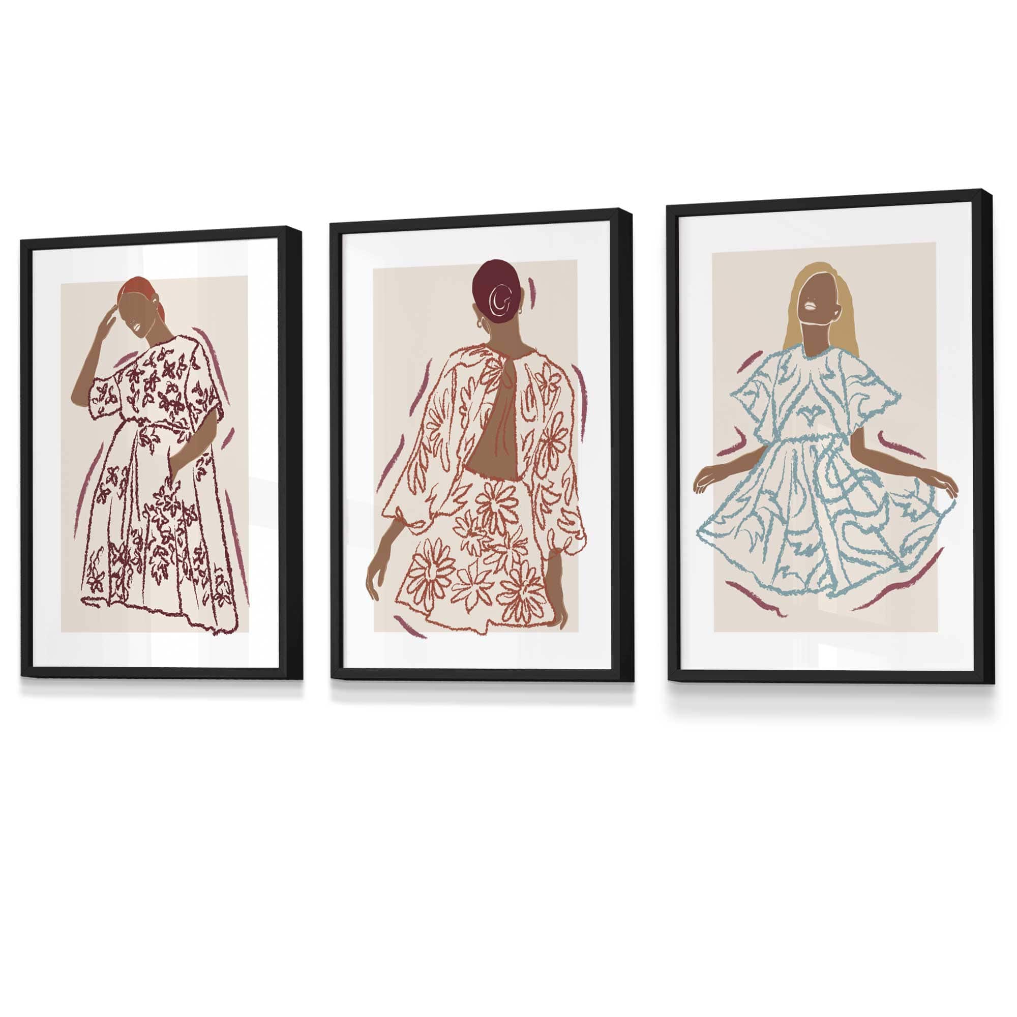 Set of 3 Framed Sketch Fashion Women in Autumn Colours | Artze Wall Art UK