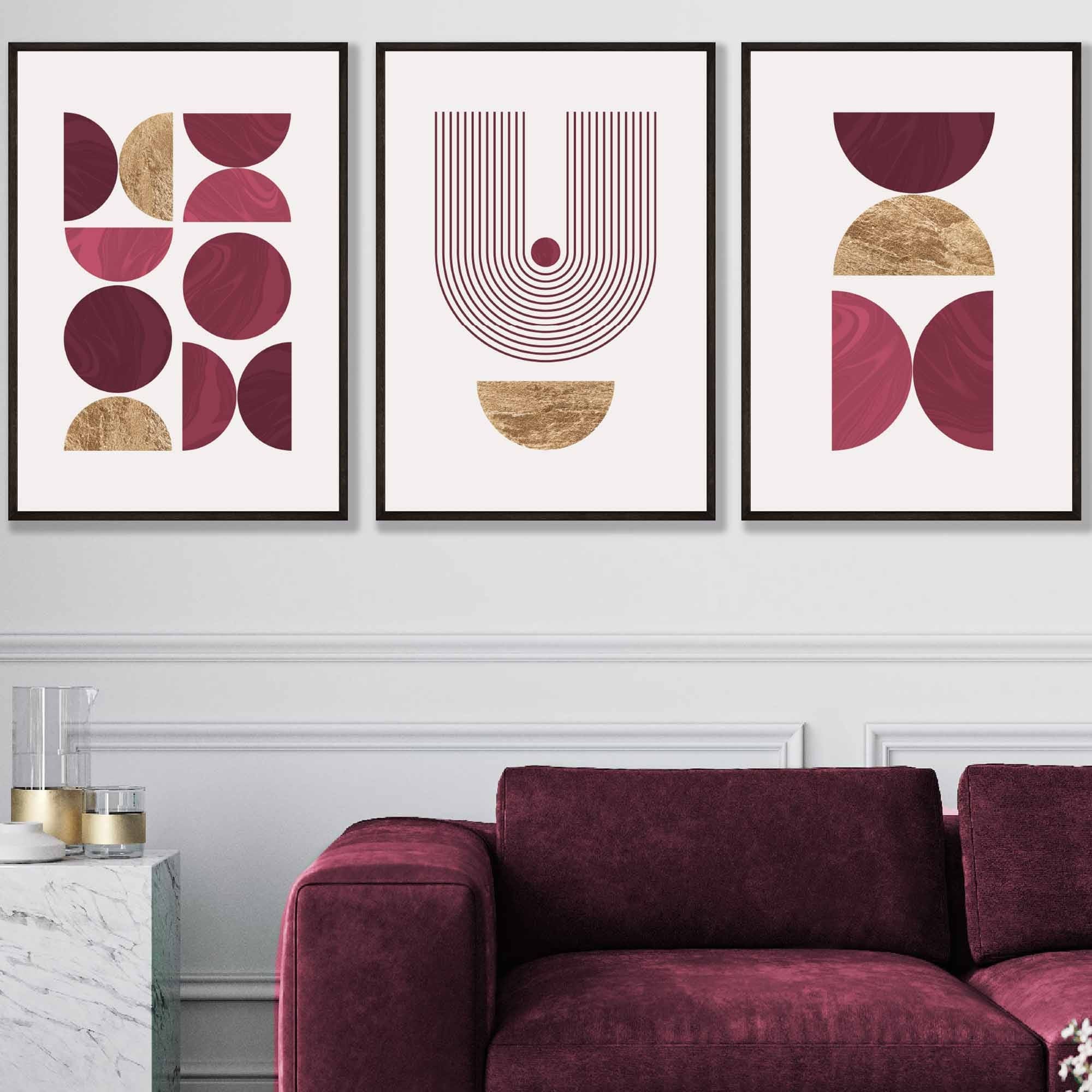 Set of 3 Red & Gold Wall Art Prints Mid Century Modern Geometric Wall Art