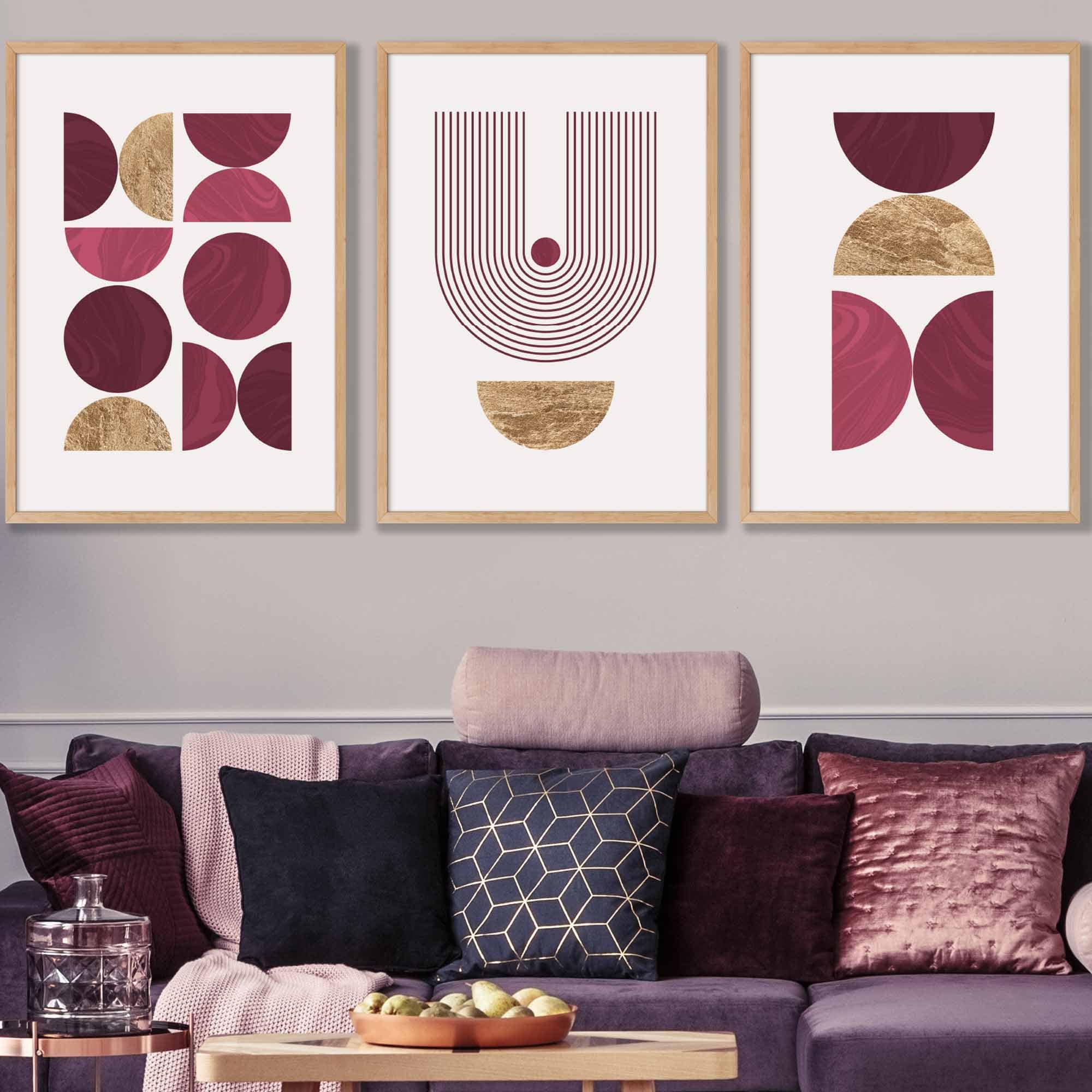 Set of 3 Red & Gold Wall Art Prints Mid Century Modern Geometric Wall Art