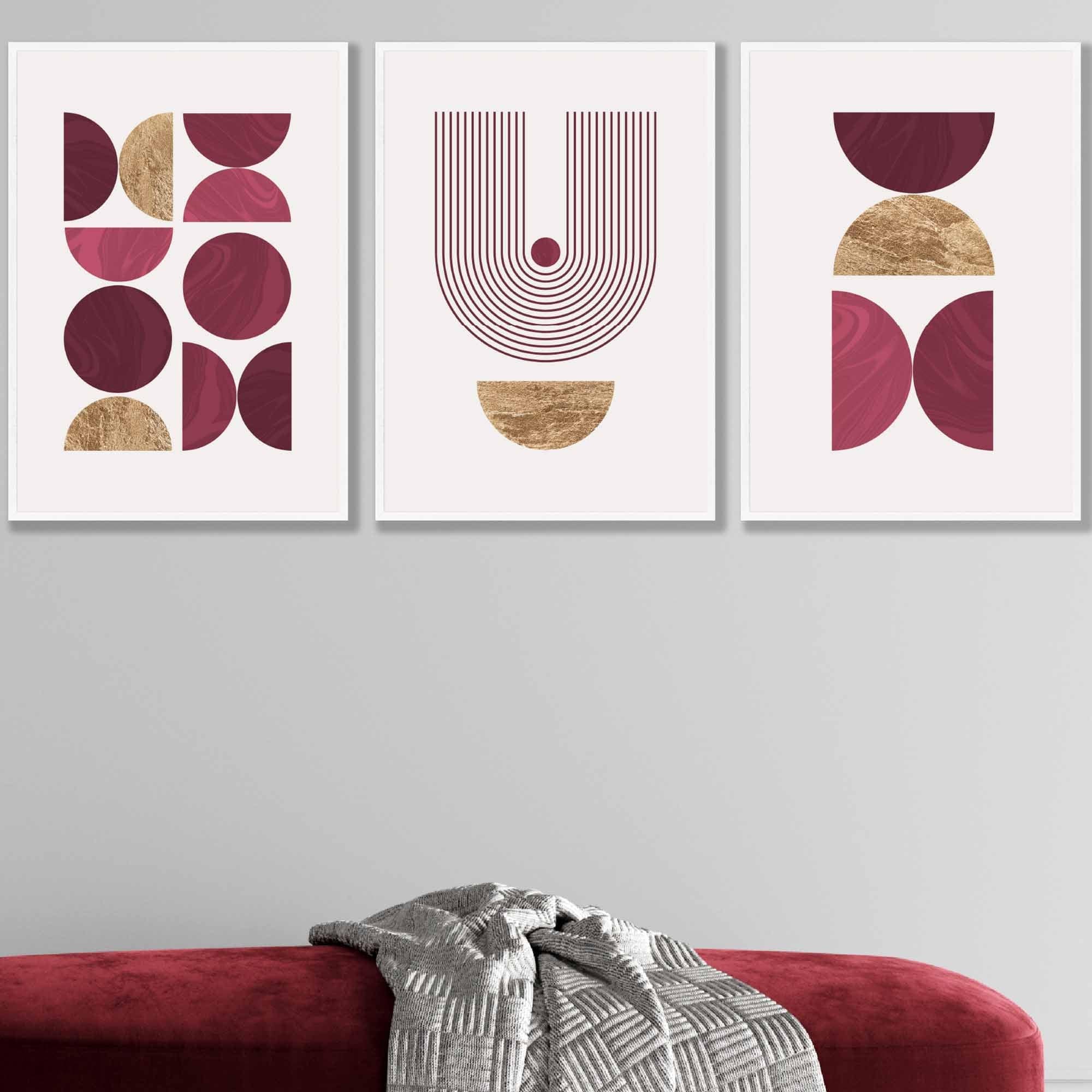 Set of 3 Red & Gold Wall Art Prints Mid Century Modern Geometric Wall Art