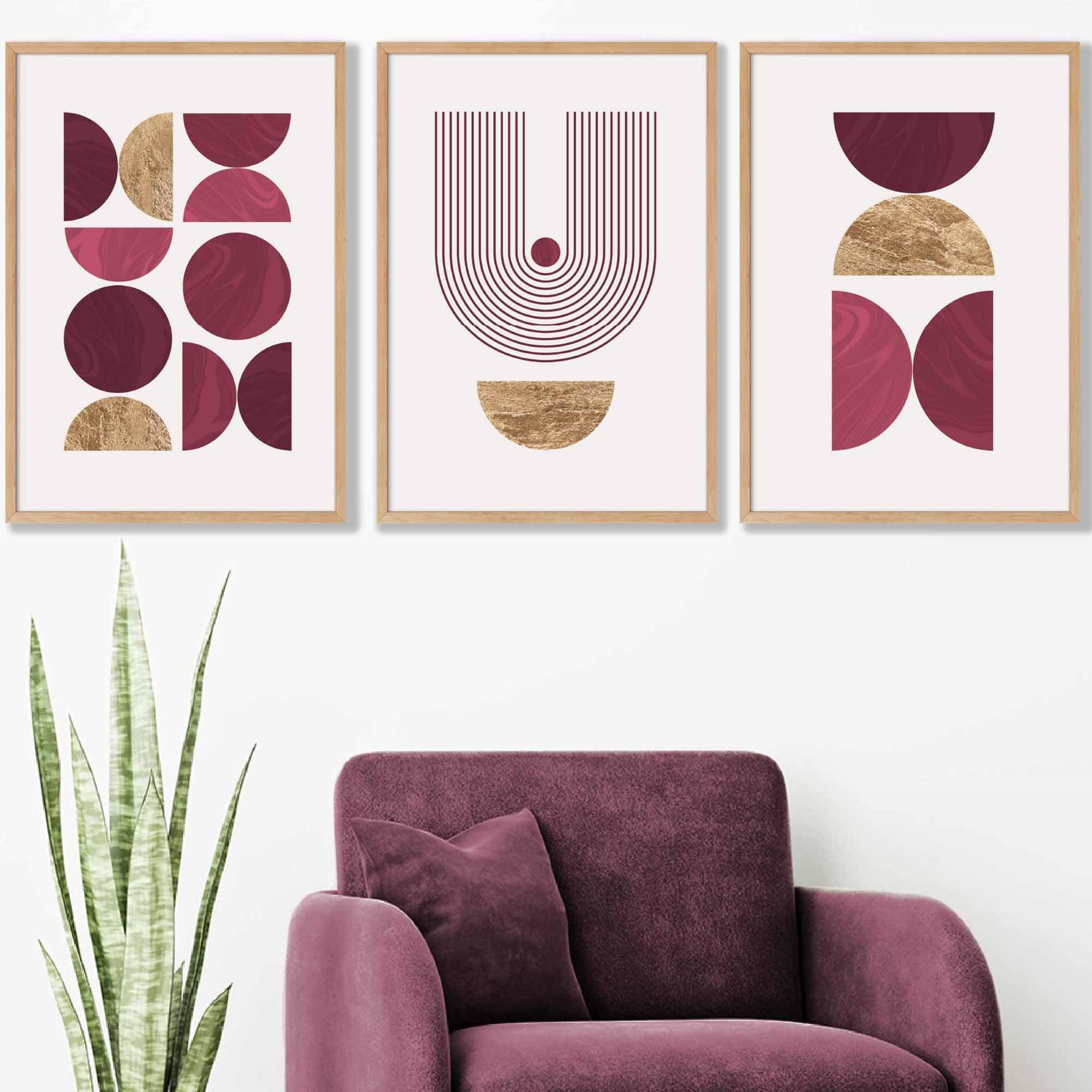 Set of 3 Red & Gold Wall Art Prints Mid Century Modern Geometric Wall Art