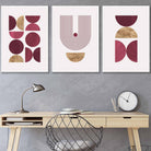 Set of 3 Red & Gold Wall Art Prints Mid Century Modern Geometric Wall Art
