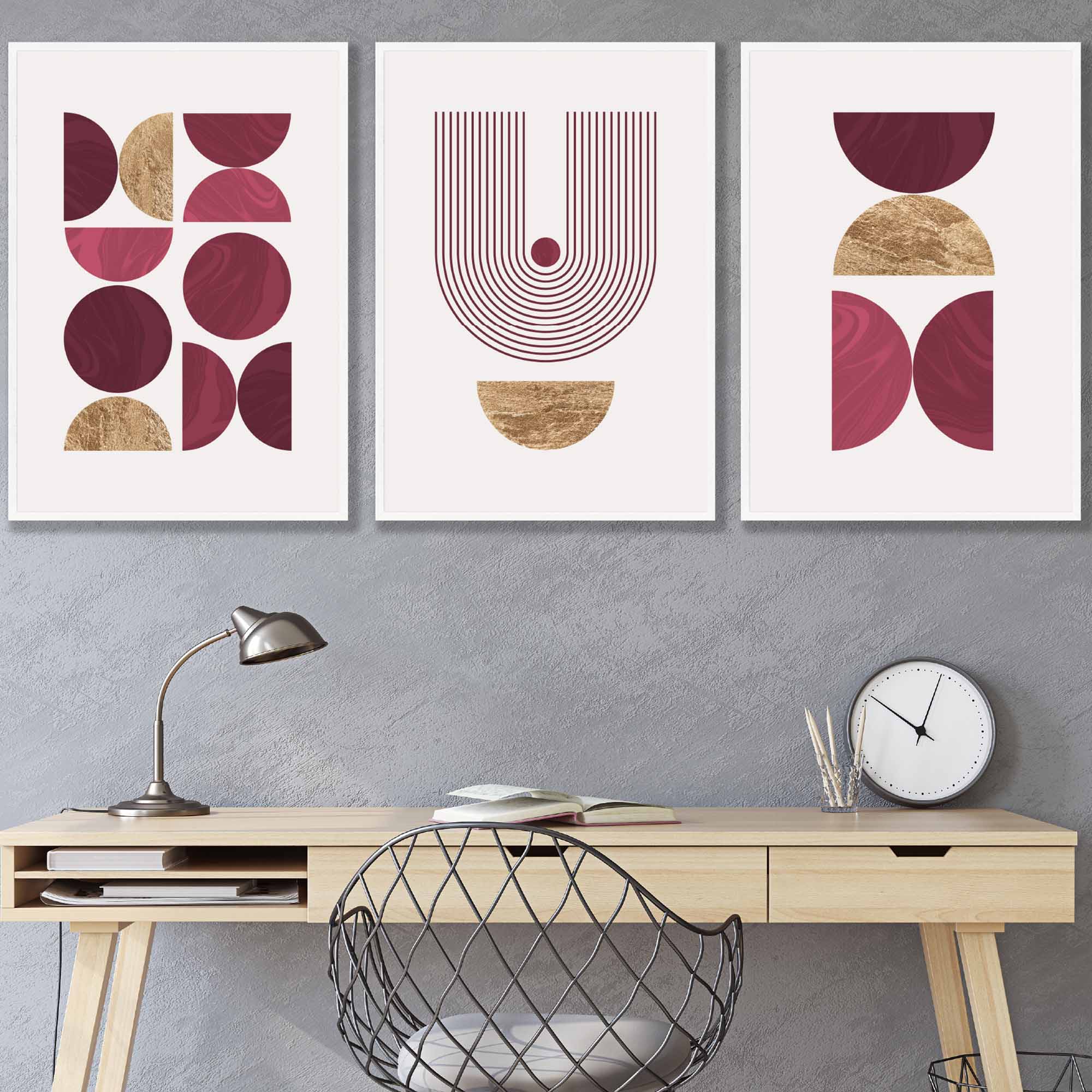 Set of 3 Red & Gold Wall Art Prints Mid Century Modern Geometric Wall Art