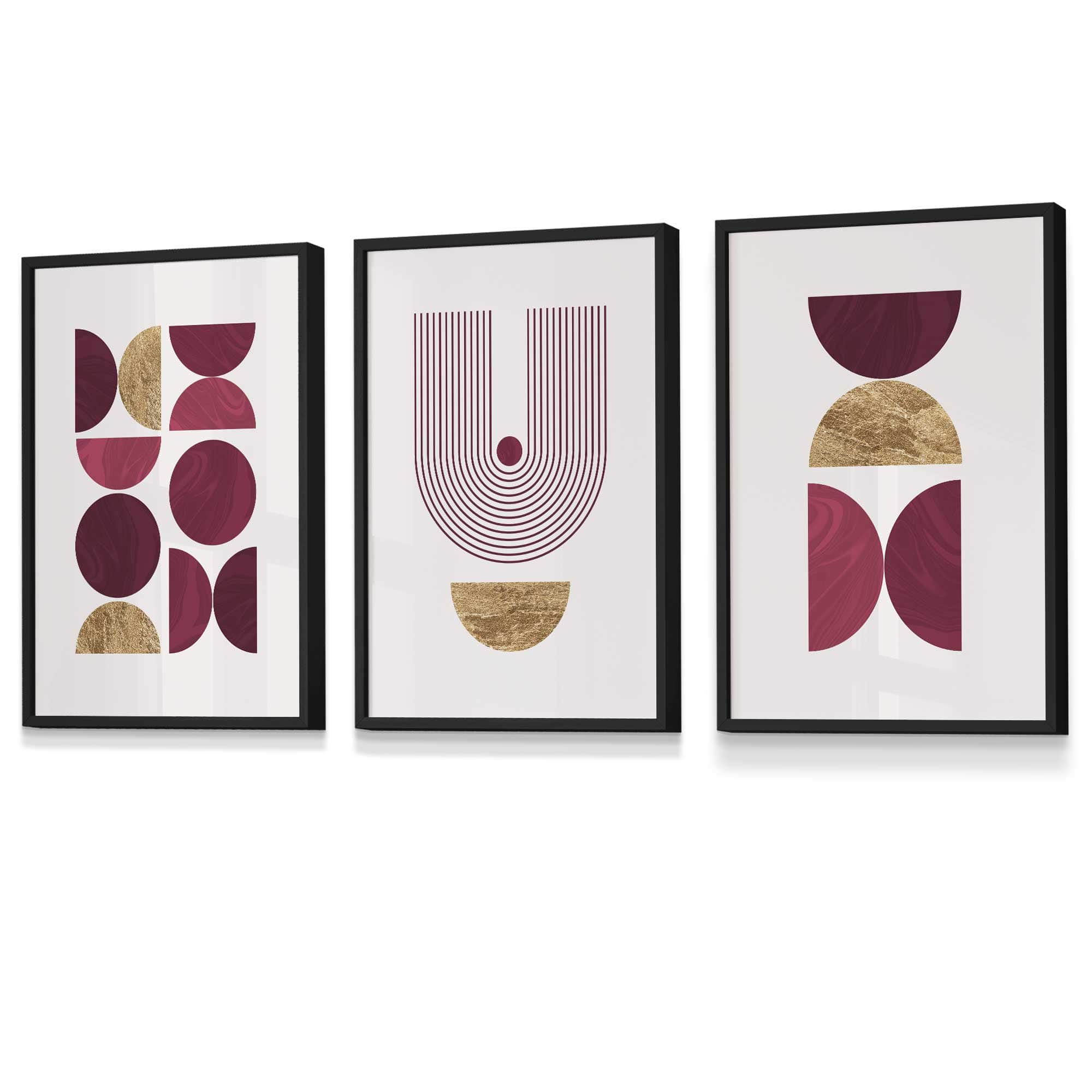 Set of 3 Red & Gold Geometric Framed Wall Art Prints | Artze Wall Art UK