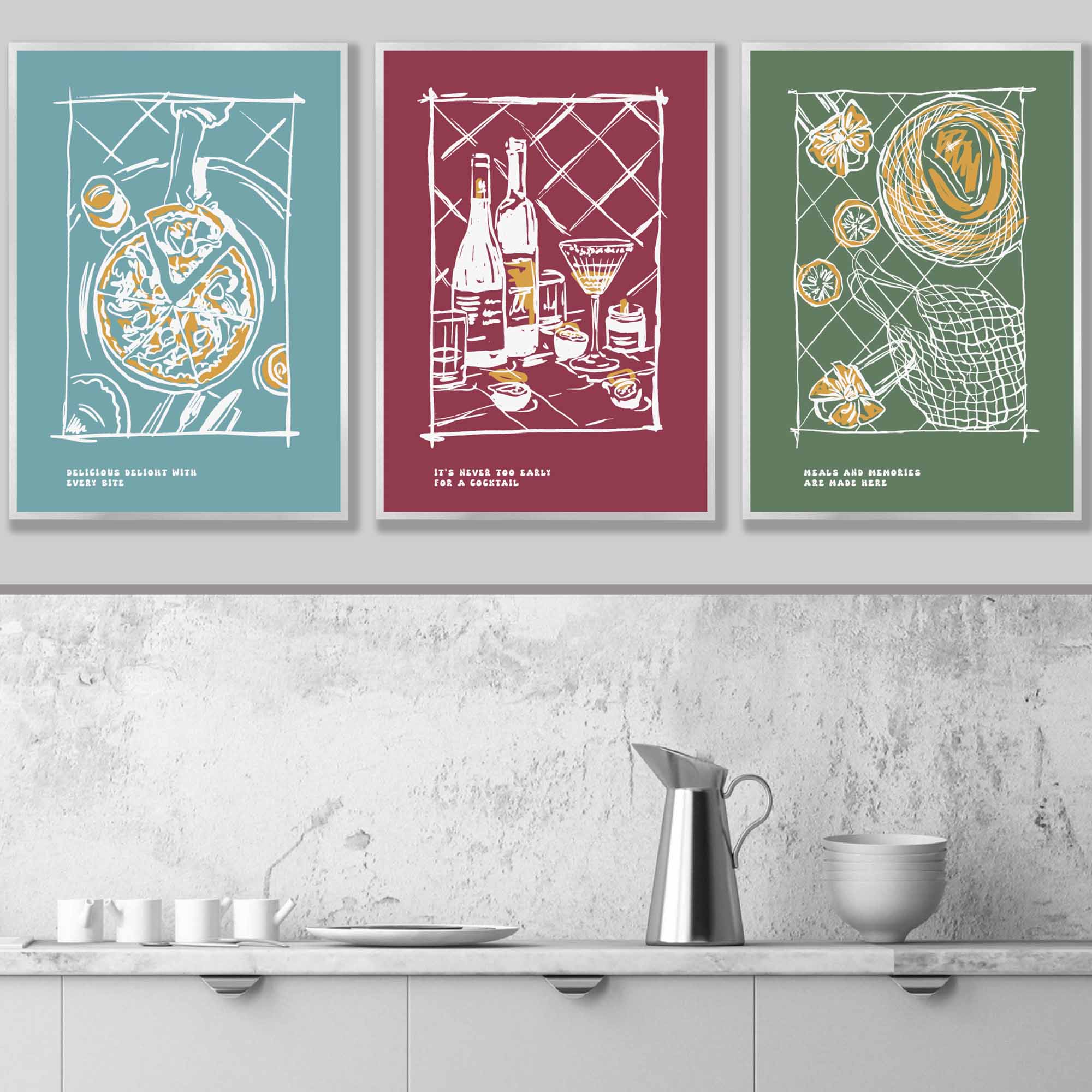 Set of 3 Sketch Line Art Kitchen Quote Prints in Autumn Colours