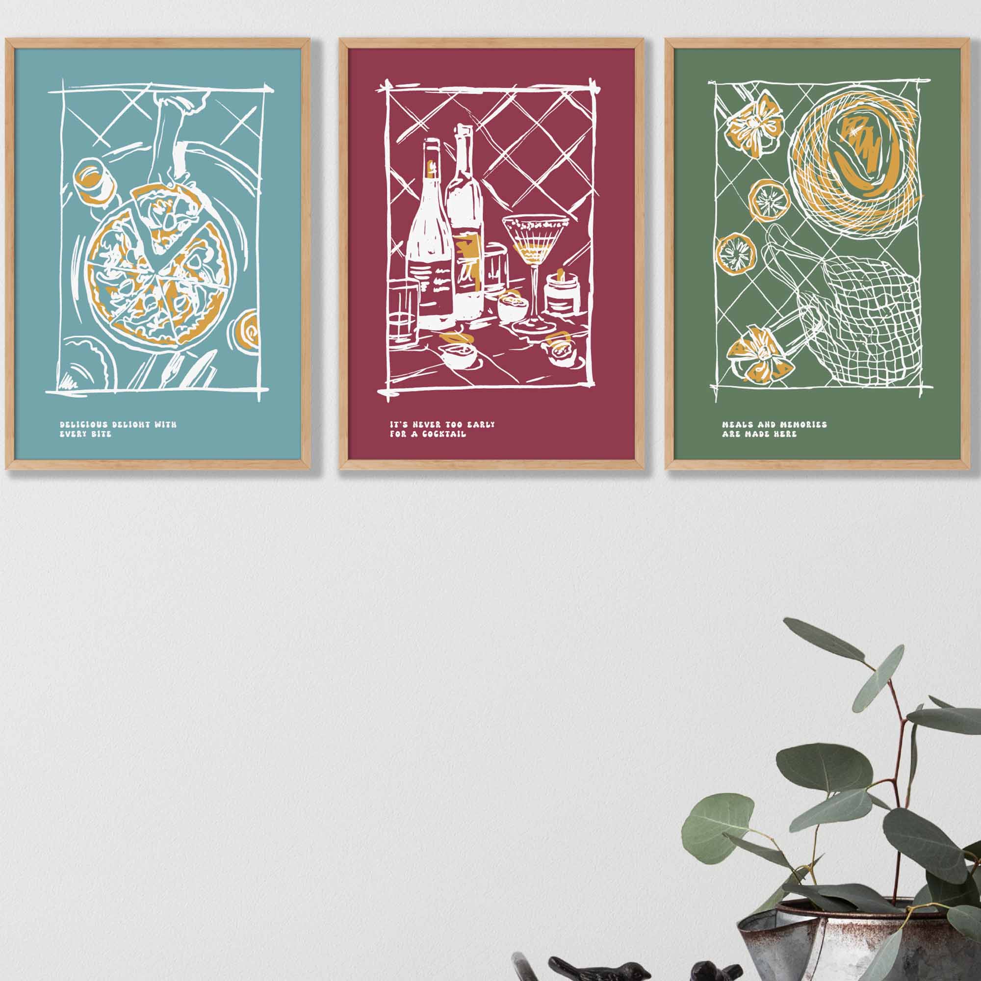Set of 3 Sketch Line Art Kitchen Quote Prints in Autumn Colours