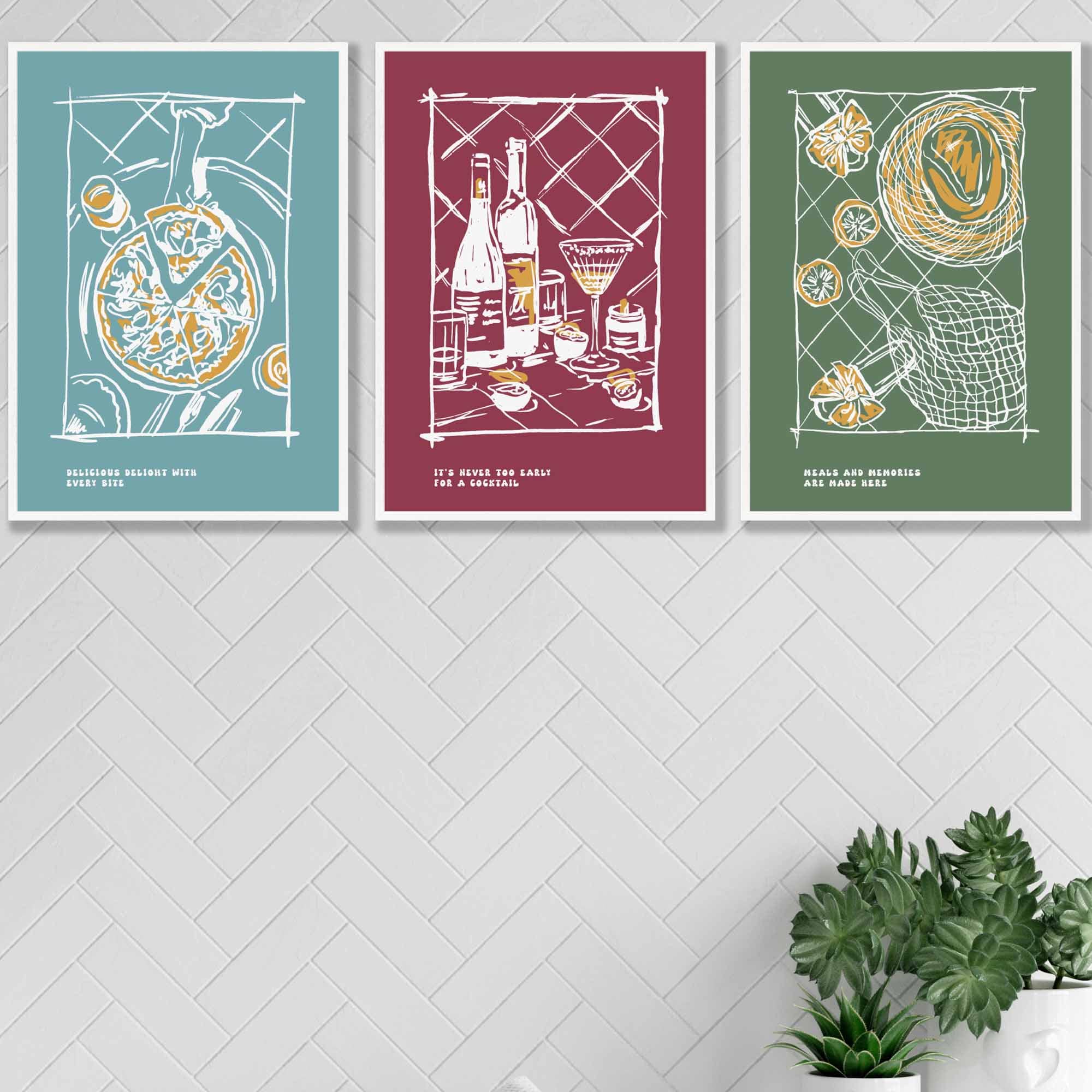 Set of 3 Sketch Line Art Kitchen Quote Prints in Autumn Colours