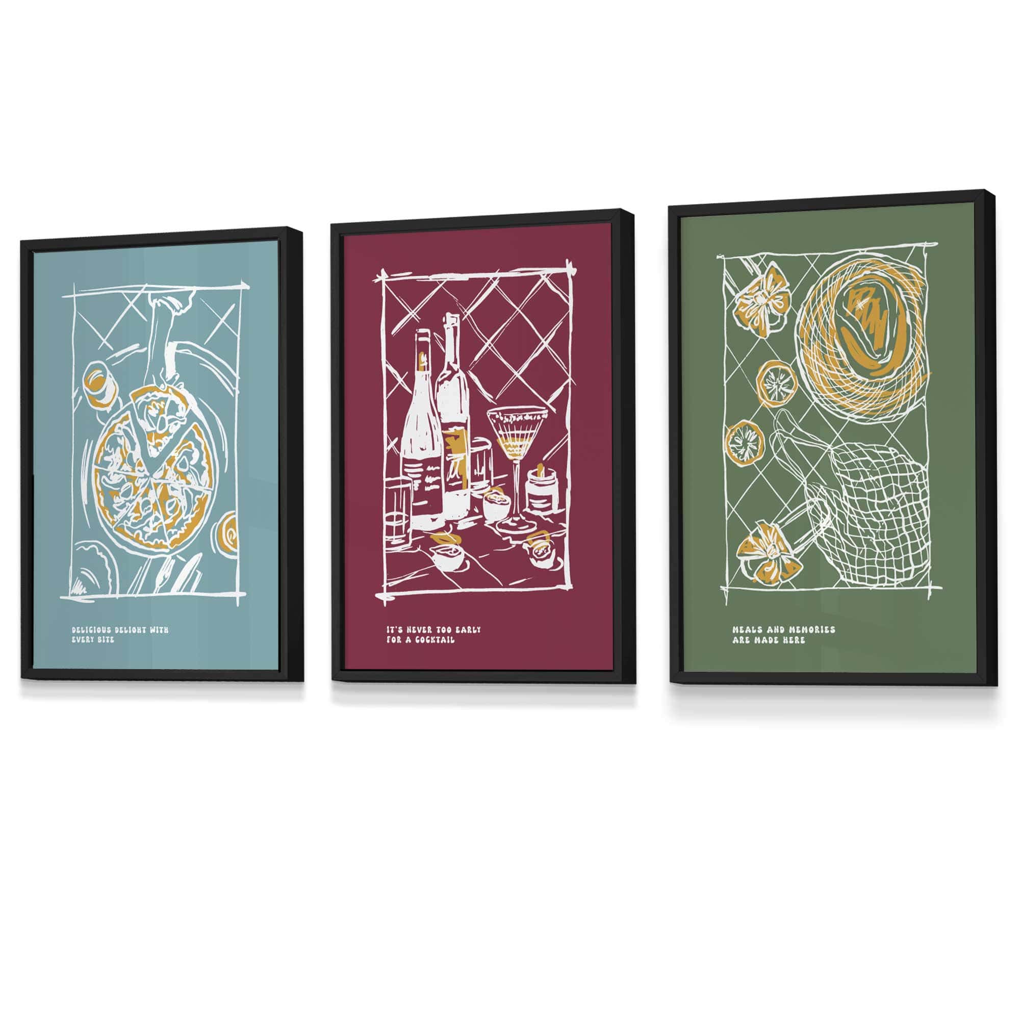 Framed Set of 3 Sketch Line Art Kitchen Quote Prints in Autumn Colours | Artze Wall Art UK