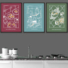 Set of 3 Sketch Line Art Kitchen Quote Prints in Red Blue Green