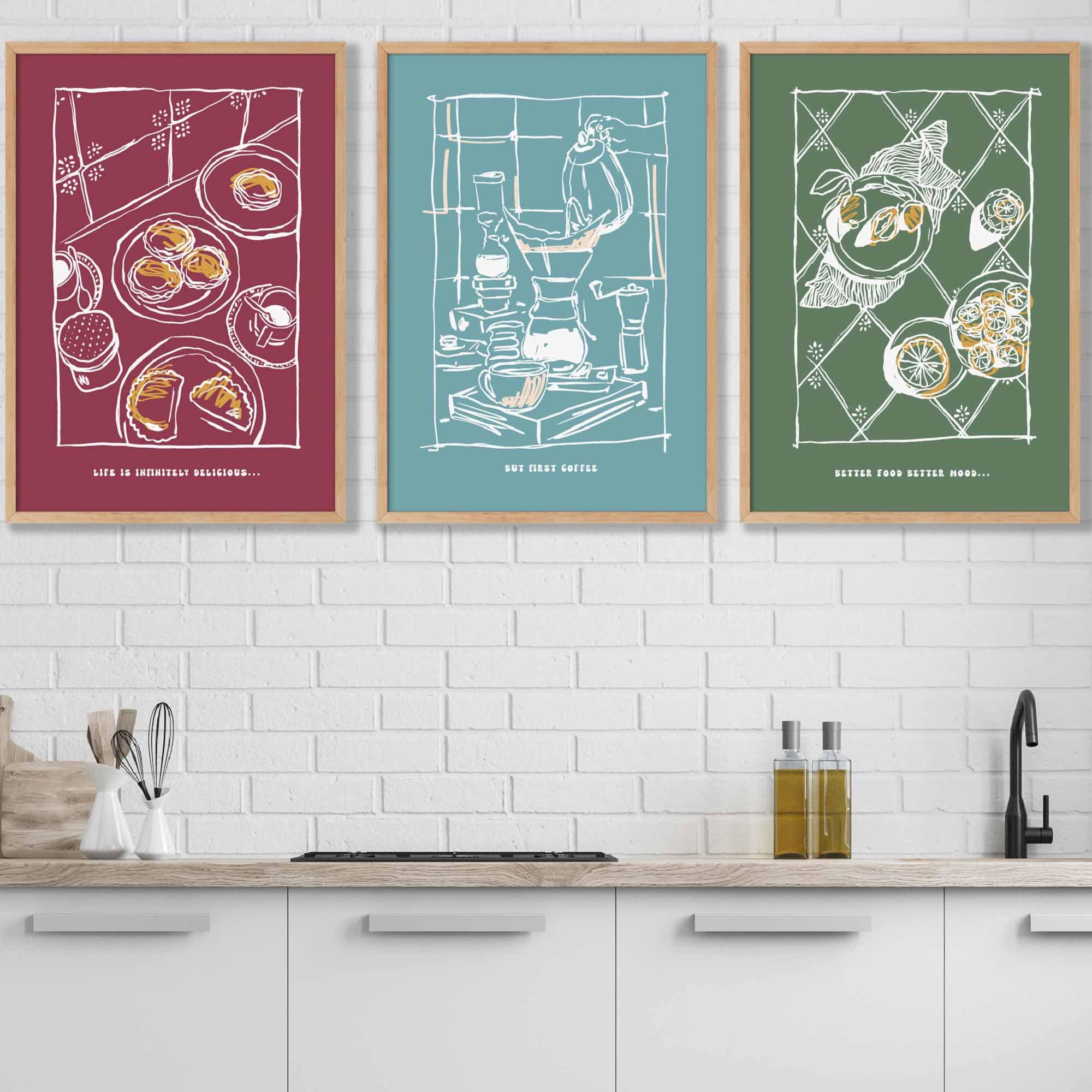 Set of 3 Sketch Line Art Kitchen Quote Prints in Red Blue Green
