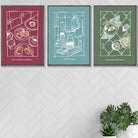 Set of 3 Sketch Line Art Kitchen Quote Prints in Red Blue Green