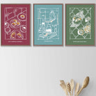 Set of 3 Sketch Line Art Kitchen Quote Prints in Red Blue Green
