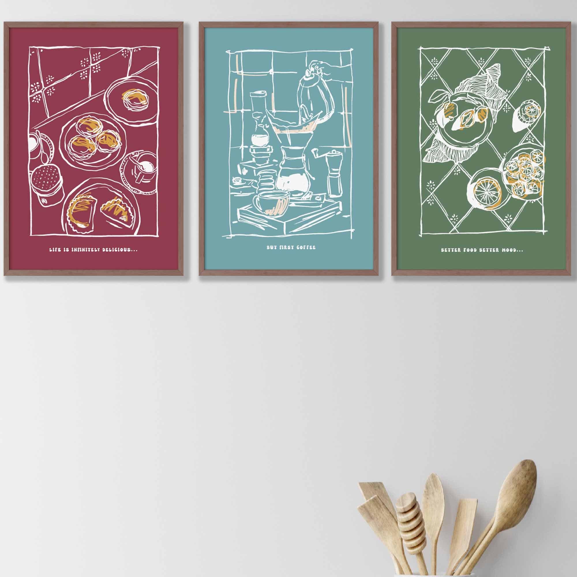 Set of 3 Sketch Line Art Kitchen Quote Prints in Red Blue Green