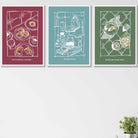 Set of 3 Sketch Line Art Kitchen Quote Prints in Red Blue Green